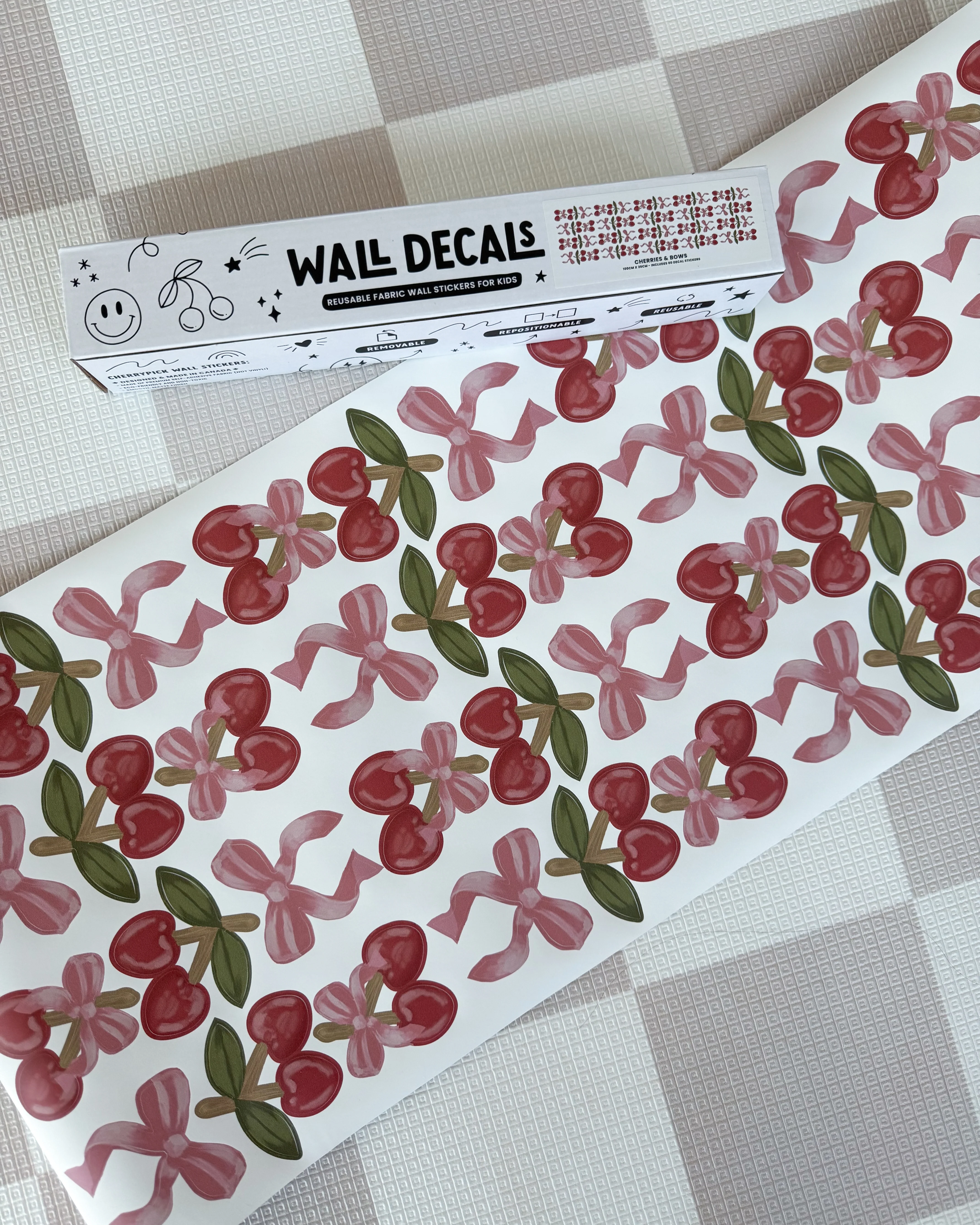 Peel & Stick Fabric Wall Stickers - Cherries & Bows - Image 4